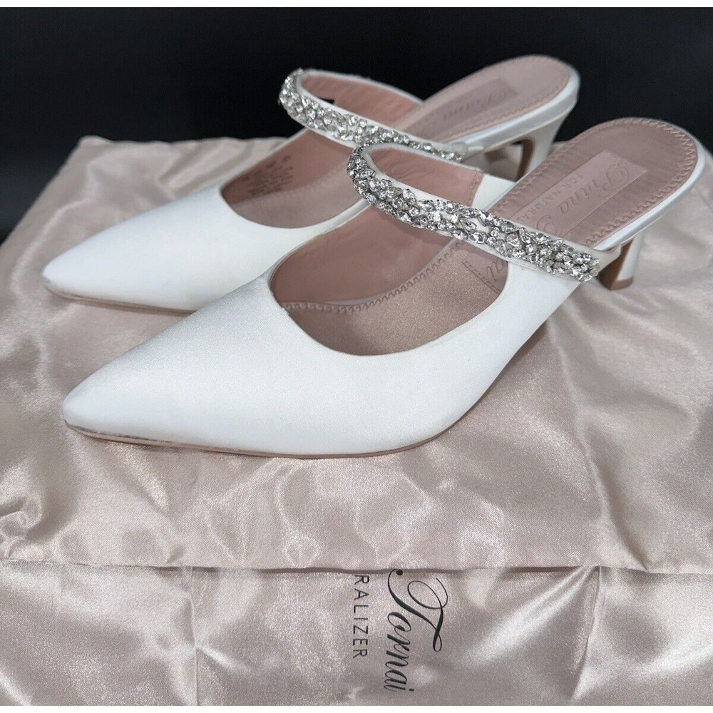 Naturalizer Pnina Tornai Liefde White Satin Crystal Strap Mules Shoes Womens 7M